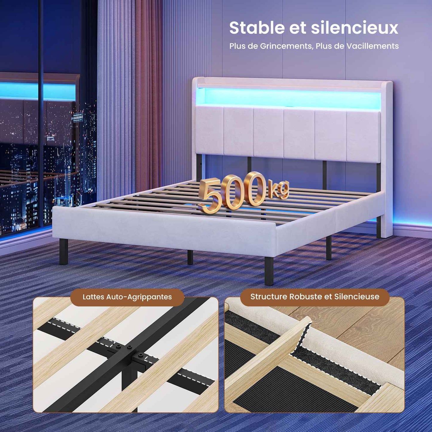 AOGLLATI Cadre de Lit avec Double Etagères (Velours Beige, 140x190cm)