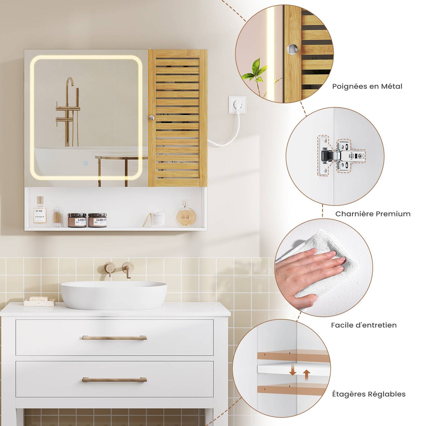 AOGLLATI Meuble de salle de bains avec éclairage LED et prise électrique comprenant une coiffeuse avec miroir et étagères réglables, 6 compartiments de rangement  80 x 16 x 77 cm