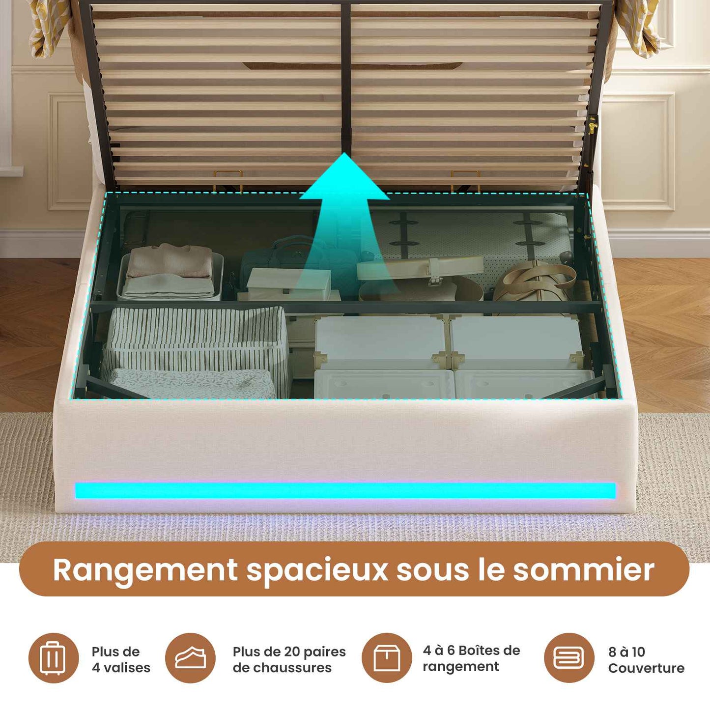 Lit simple avec rangement AOGLLATI 140 x 190 avec multiprise et éclairage LED réglable doté de 5 compartiments de rangement et d'un espace de rangement sous le lit en lin gris foncé