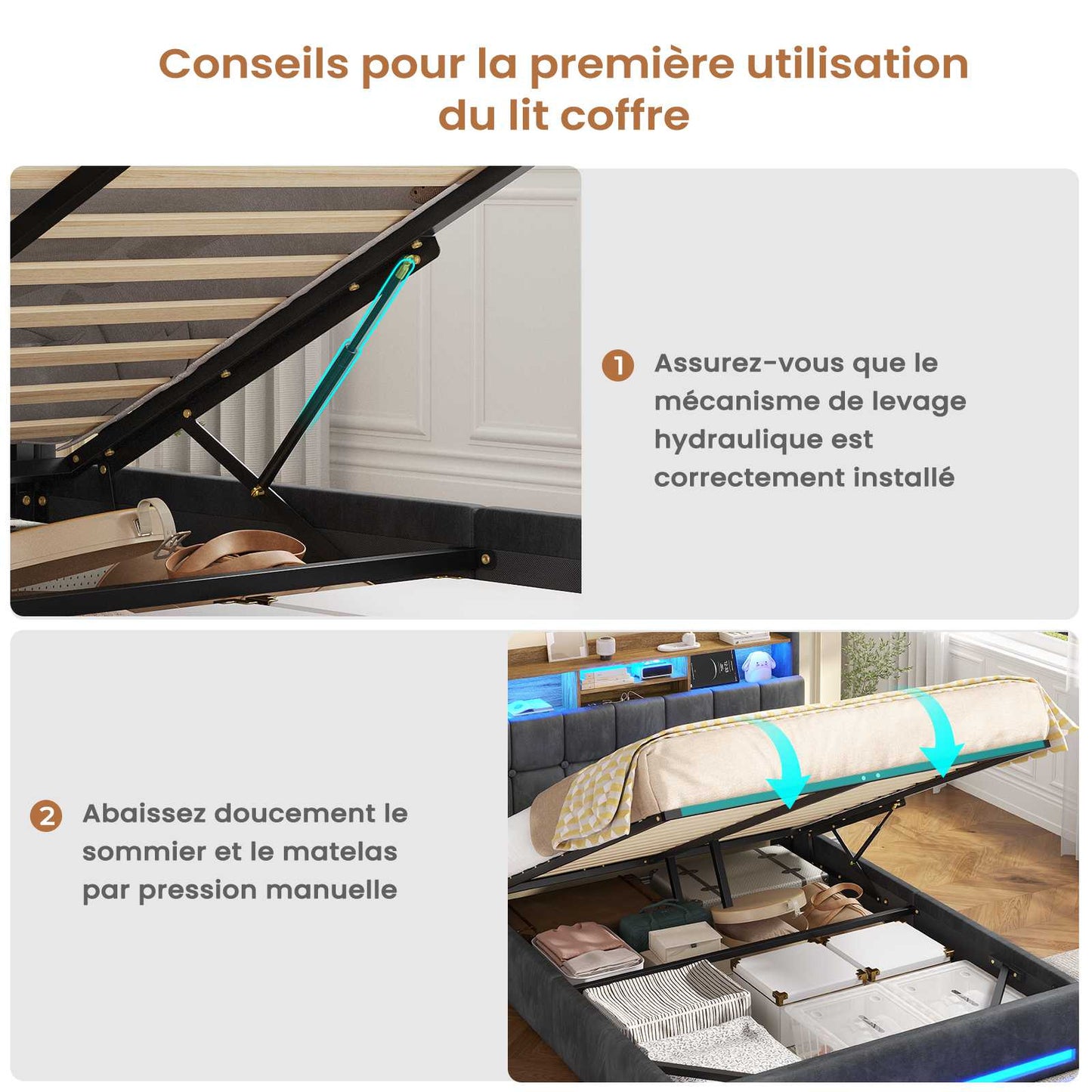 Lit simple avec rangement AOGLLATI 140 x 190 avec multiprise et éclairage LED réglable doté de 5 compartiments de rangement et d'un espace de rangement sous le lit en lin gris foncé