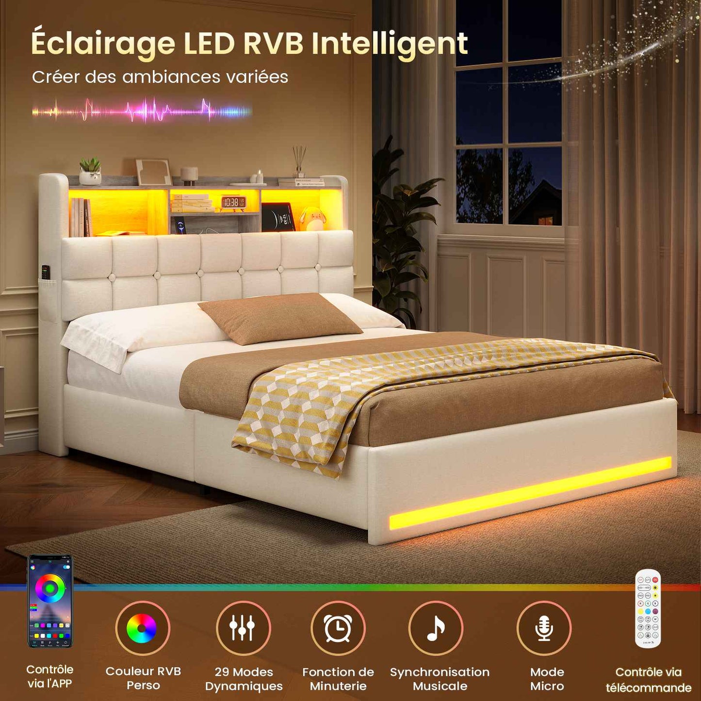 Lit simple avec rangement AOGLLATI 140 x 190 avec multiprise et éclairage LED réglable doté de 5 compartiments de rangement et d'un espace de rangement sous le lit en lin gris foncé