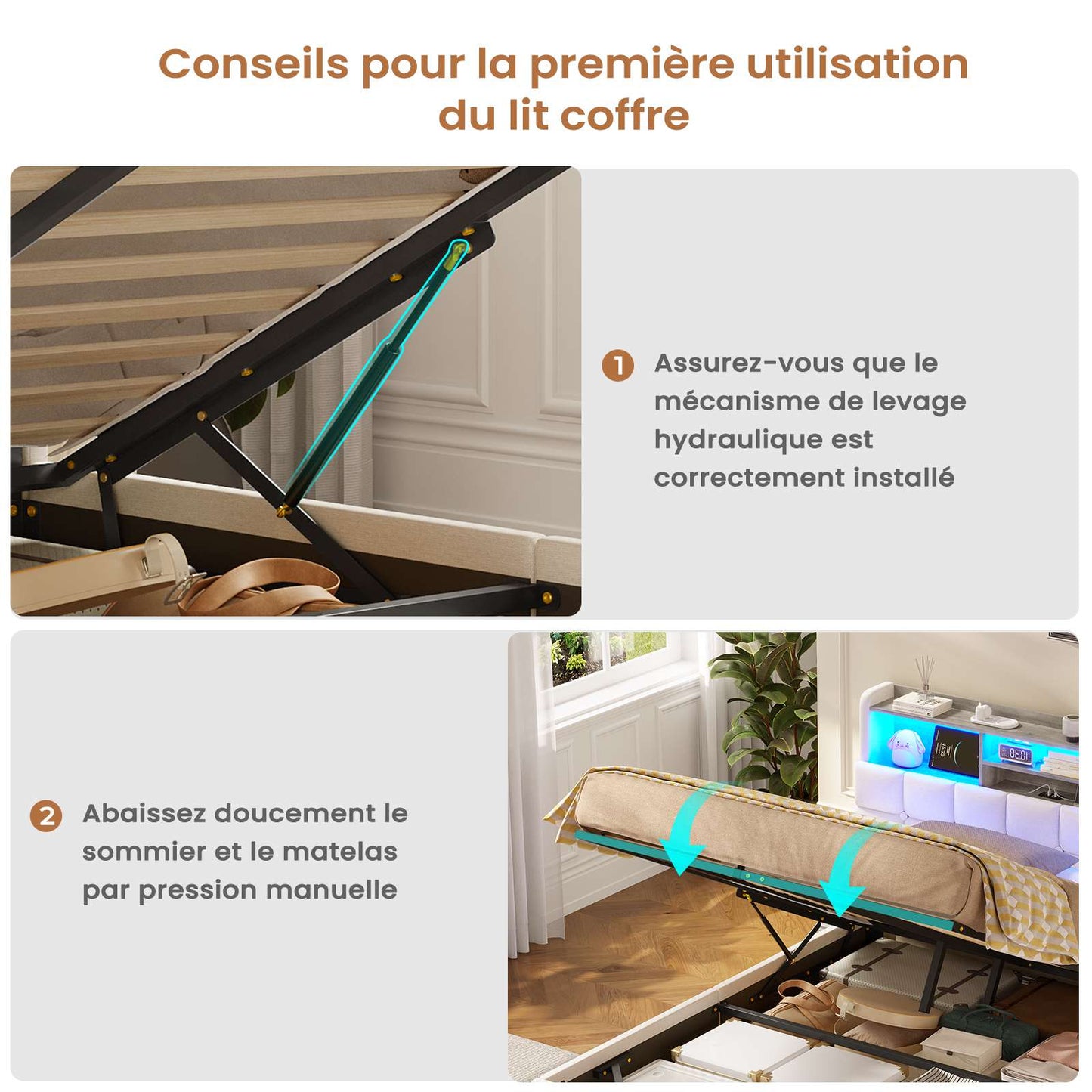 Lit simple avec rangement AOGLLATI 140 x 190 avec multiprise et éclairage LED réglable doté de 5 compartiments de rangement et d'un espace de rangement sous le lit en lin gris foncé