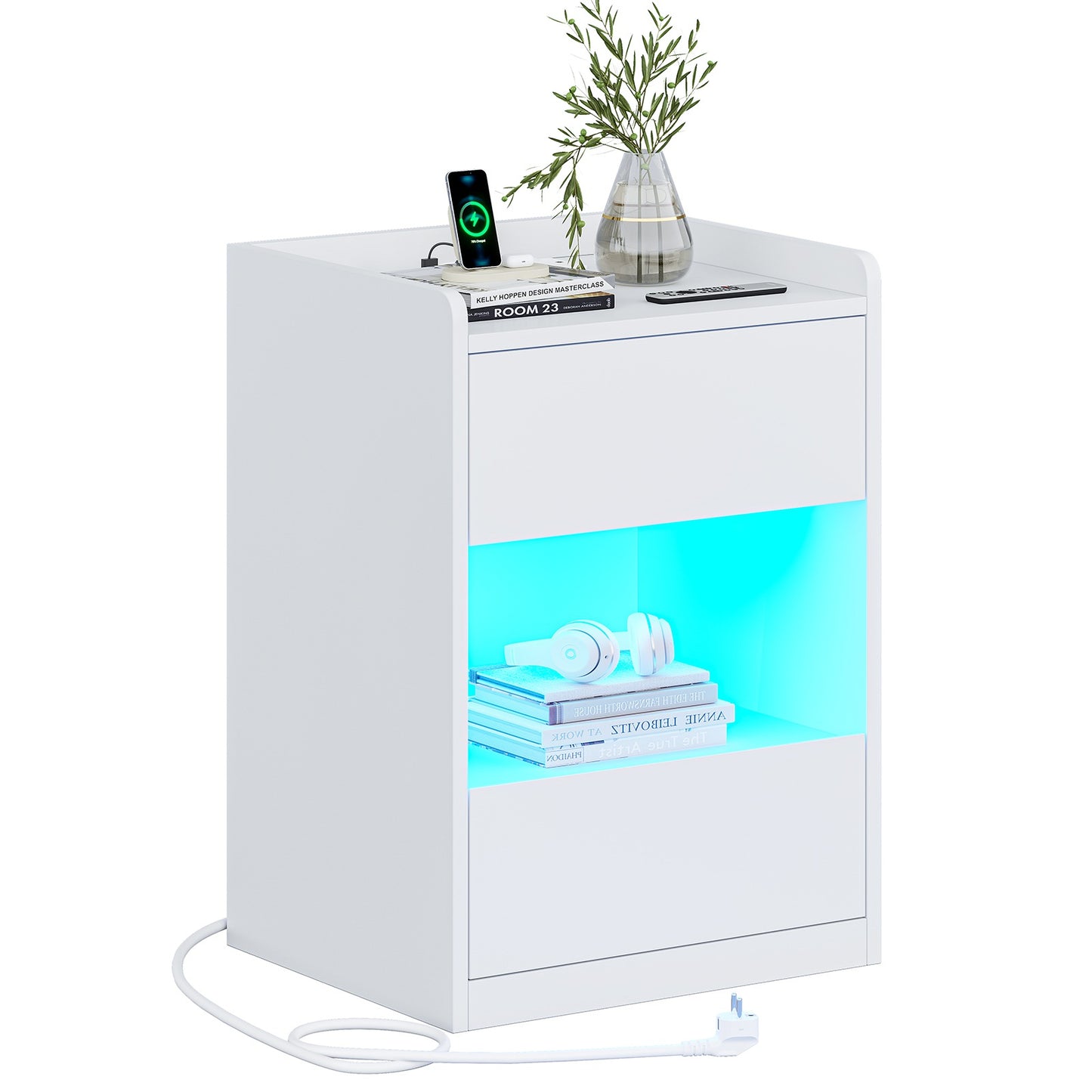 Table de chevet AOGLLATI à LED avec multiprise et station de recharge équipée de 2 tiroirs et d'un compartiment de rangement  40 x 35 x 60 cm
