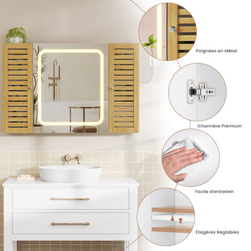 AOGLLATI Meuble de salle de bains avec éclairage LED et prise électrique comprenant une coiffeuse avec miroir et étagères réglables, 6 compartiments de rangement 90x16x60cm