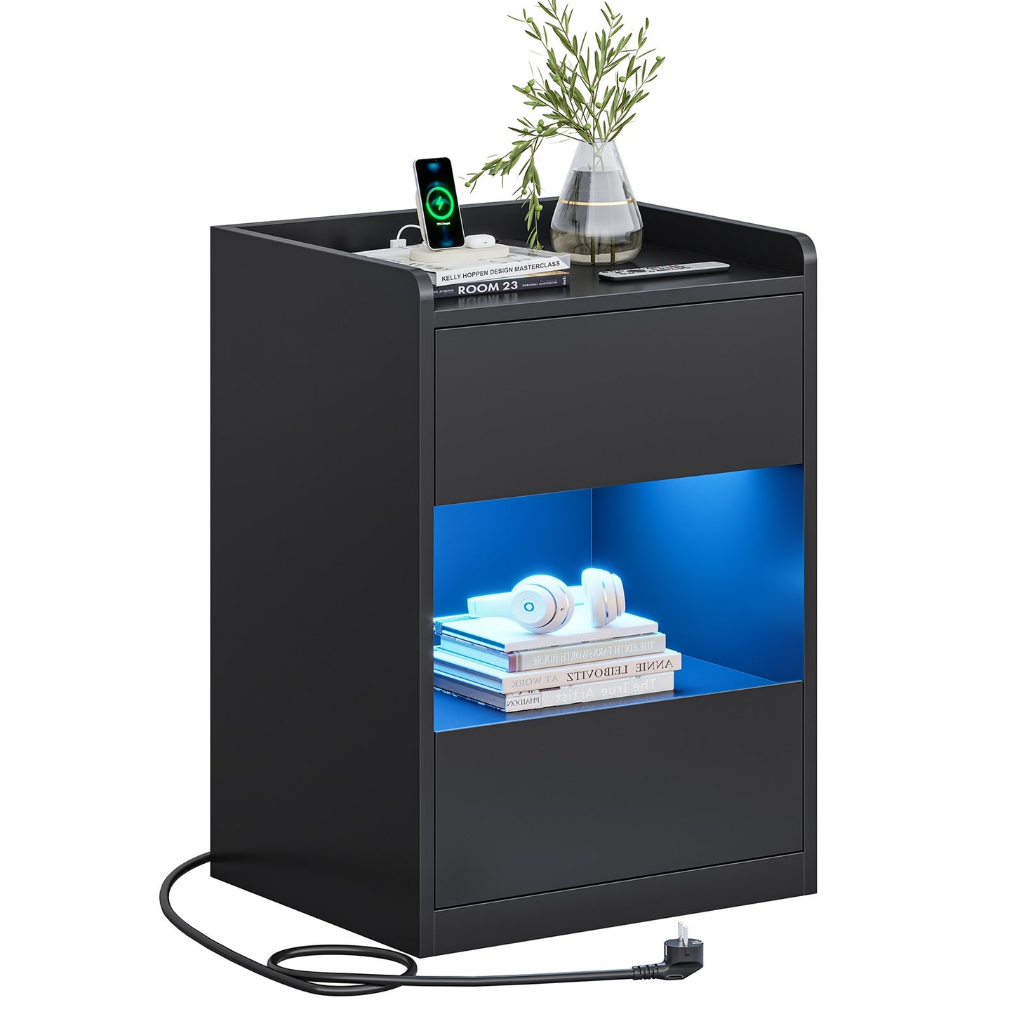 Table de chevet AOGLLATI à LED avec multiprise et station de recharge équipée de 2 tiroirs et d'un compartiment de rangement  40 x 35 x 60 cm