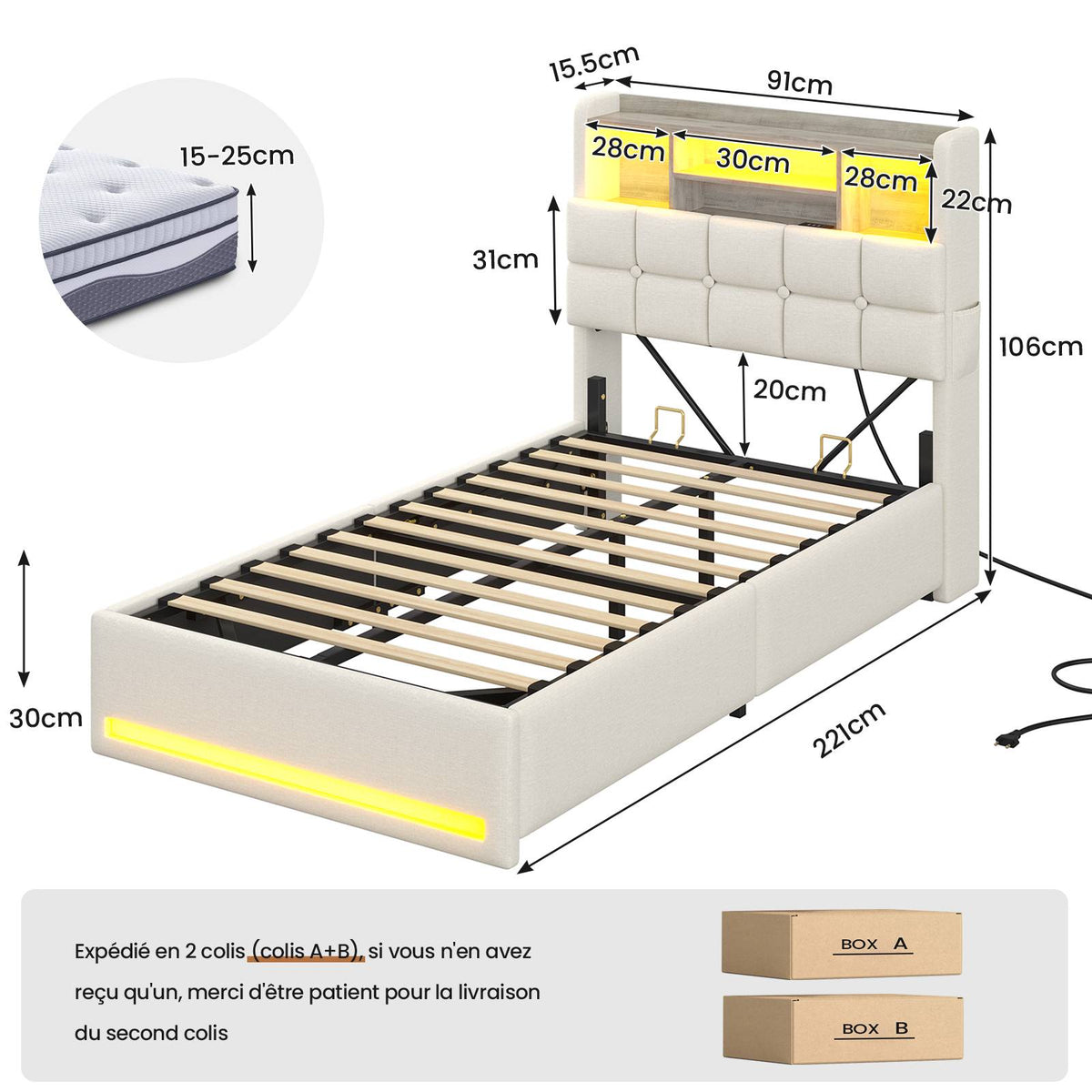 Lit simple avec rangement AOGLLATI 90 x 200 avec multiprise et éclairage LED réglable doté de 5 compartiments de rangement et d'un espace de rangement sous le lit en lin gris foncé