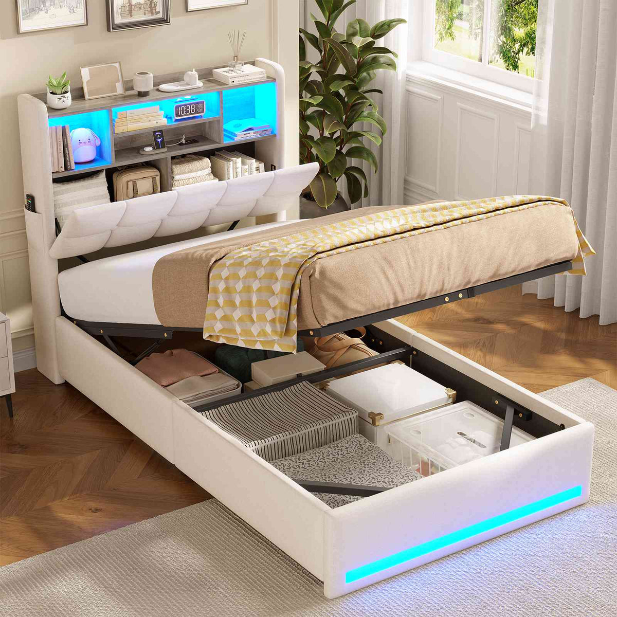 Lit simple avec rangement AOGLLATI 90 x 200 avec multiprise et éclairage LED réglable doté de 5 compartiments de rangement et d'un espace de rangement sous le lit en lin gris foncé