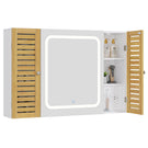 AOGLLATI Meuble de salle de bains avec éclairage LED et prise électrique comprenant une coiffeuse avec miroir et étagères réglables, 6 compartiments de rangement 90x16x60cm