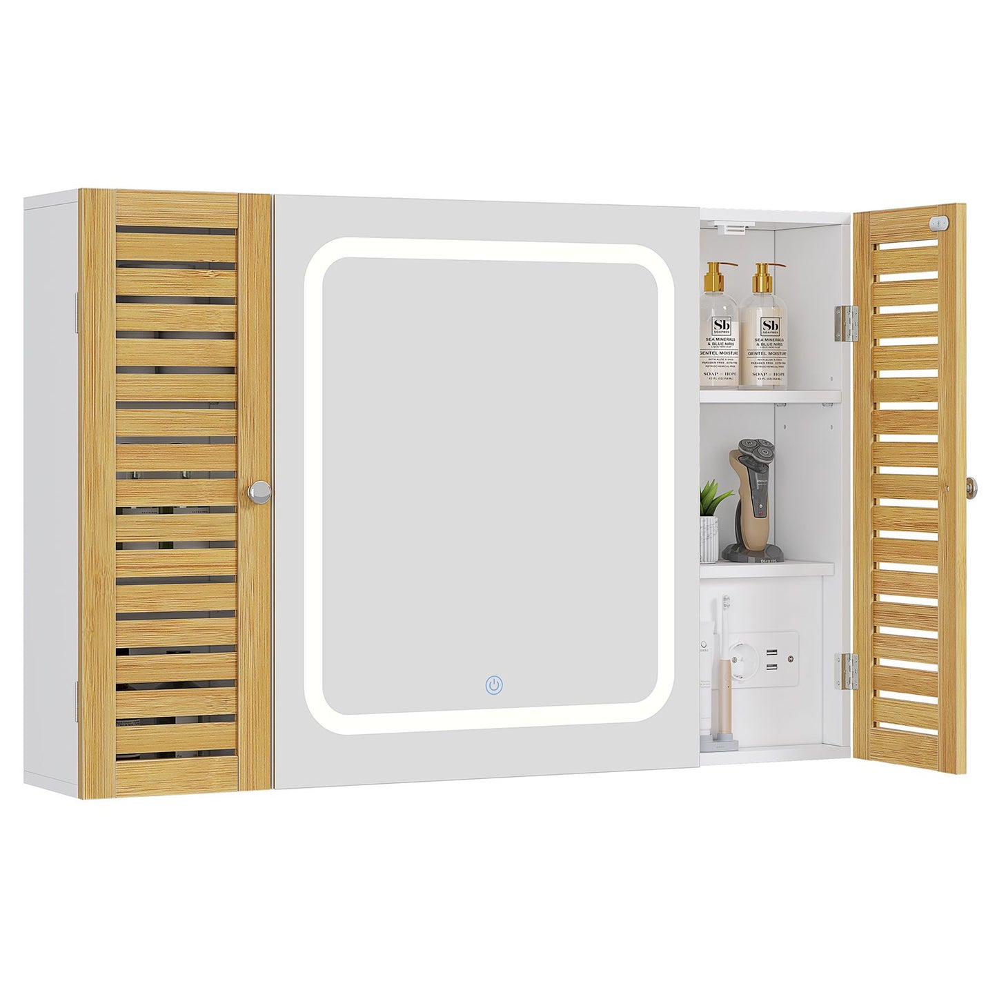 AOGLLATI Meuble de salle de bains avec éclairage LED et prise électrique comprenant une coiffeuse avec miroir et étagères réglables, 6 compartiments de rangement 90x16x60cm
