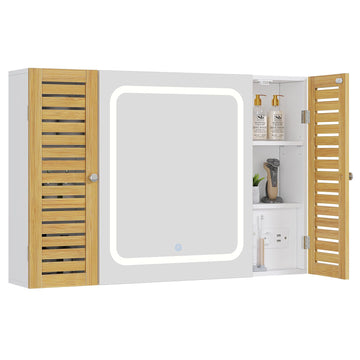 AOGLLATI Meuble de salle de bains avec éclairage LED et prise électrique comprenant une coiffeuse avec miroir et étagères réglables, 6 compartiments de rangement 90x16x60cm