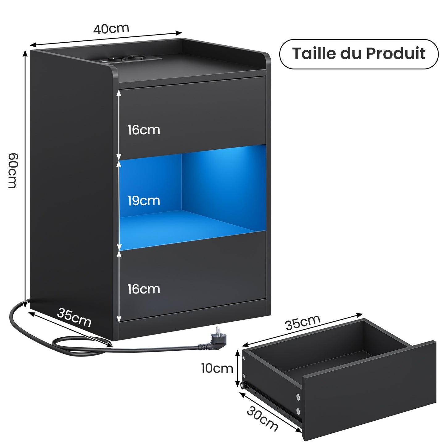 Table de chevet AOGLLATI à LED avec multiprise et station de recharge équipée de 2 tiroirs et d'un compartiment de rangement  40 x 35 x 60 cm