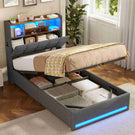 Lit simple avec rangement AOGLLATI 90 x 200 avec multiprise et éclairage LED réglable doté de 5 compartiments de rangement et d'un espace de rangement sous le lit en lin gris foncé