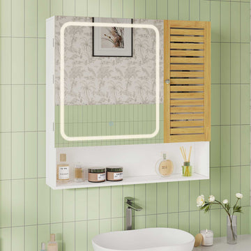 AOGLLATI Meuble de salle de bains avec éclairage LED et prise électrique comprenant une coiffeuse avec miroir et étagères réglables, 6 compartiments de rangement  80 x 16 x 77 cm