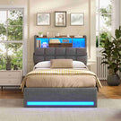 Lit simple avec rangement AOGLLATI 90 x 200 avec multiprise et éclairage LED réglable doté de 5 compartiments de rangement et d'un espace de rangement sous le lit en lin gris foncé