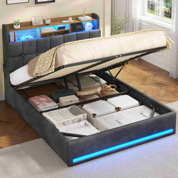 Lit simple avec rangement AOGLLATI 140 x 190 avec multiprise et éclairage LED réglable doté de 5 compartiments de rangement et d'un espace de rangement sous le lit en lin gris foncé