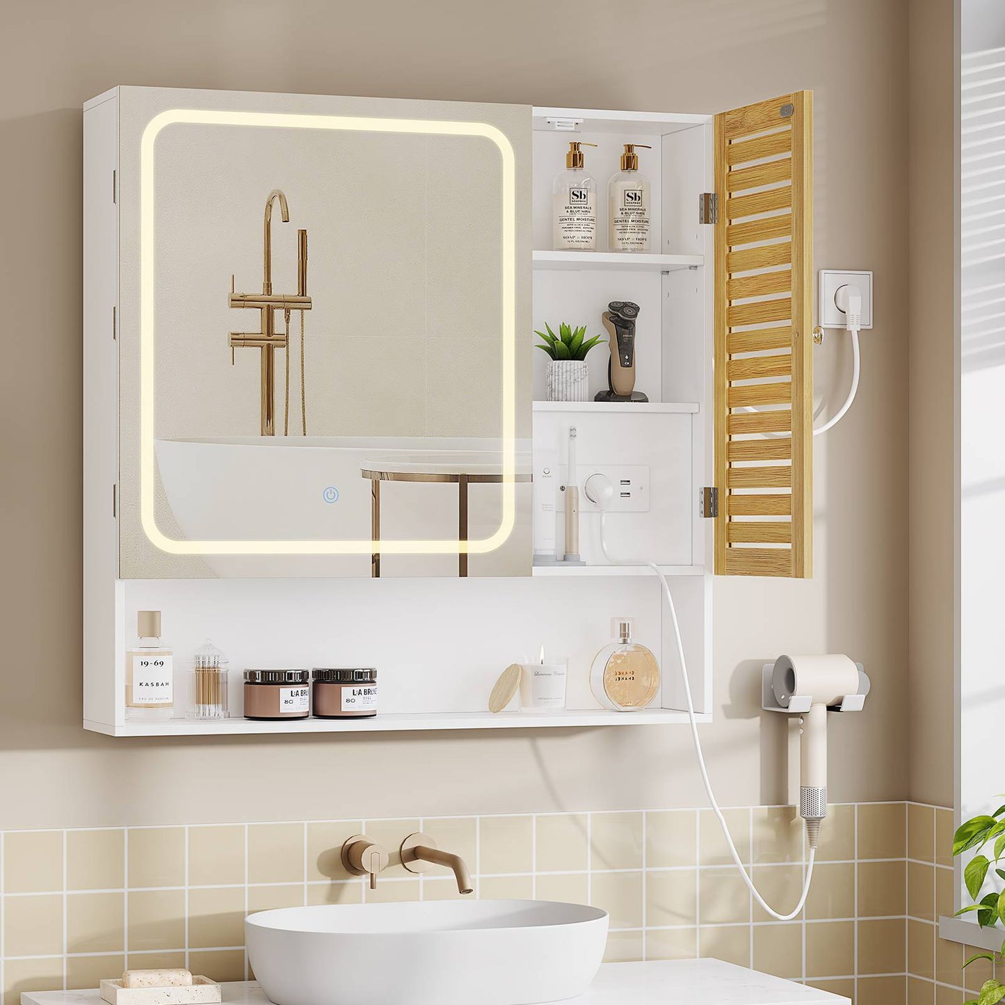 AOGLLATI Meuble de salle de bains avec éclairage LED et prise électrique comprenant une coiffeuse avec miroir et étagères réglables, 6 compartiments de rangement  80 x 16 x 77 cm