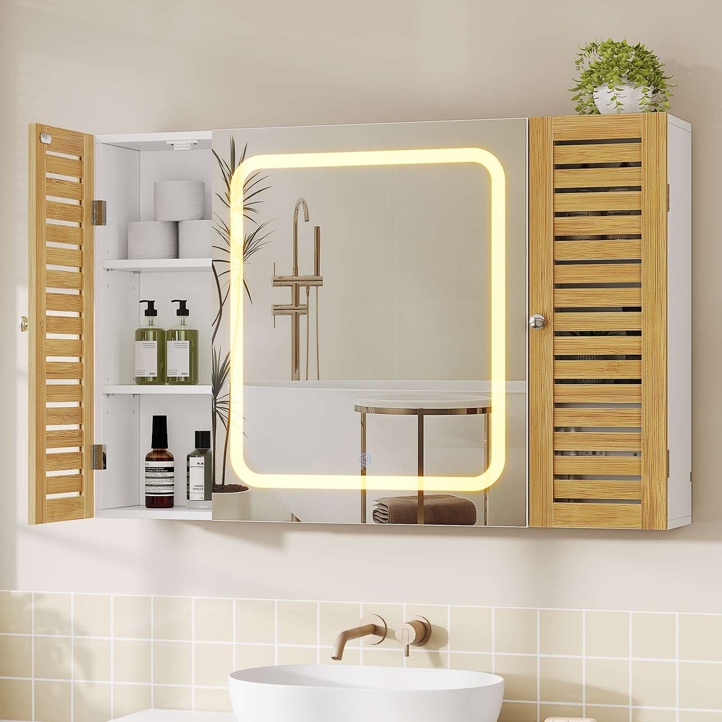 AOGLLATI Meuble de salle de bains avec éclairage LED et prise électrique comprenant une coiffeuse avec miroir et étagères réglables, 6 compartiments de rangement 90x16x60cm