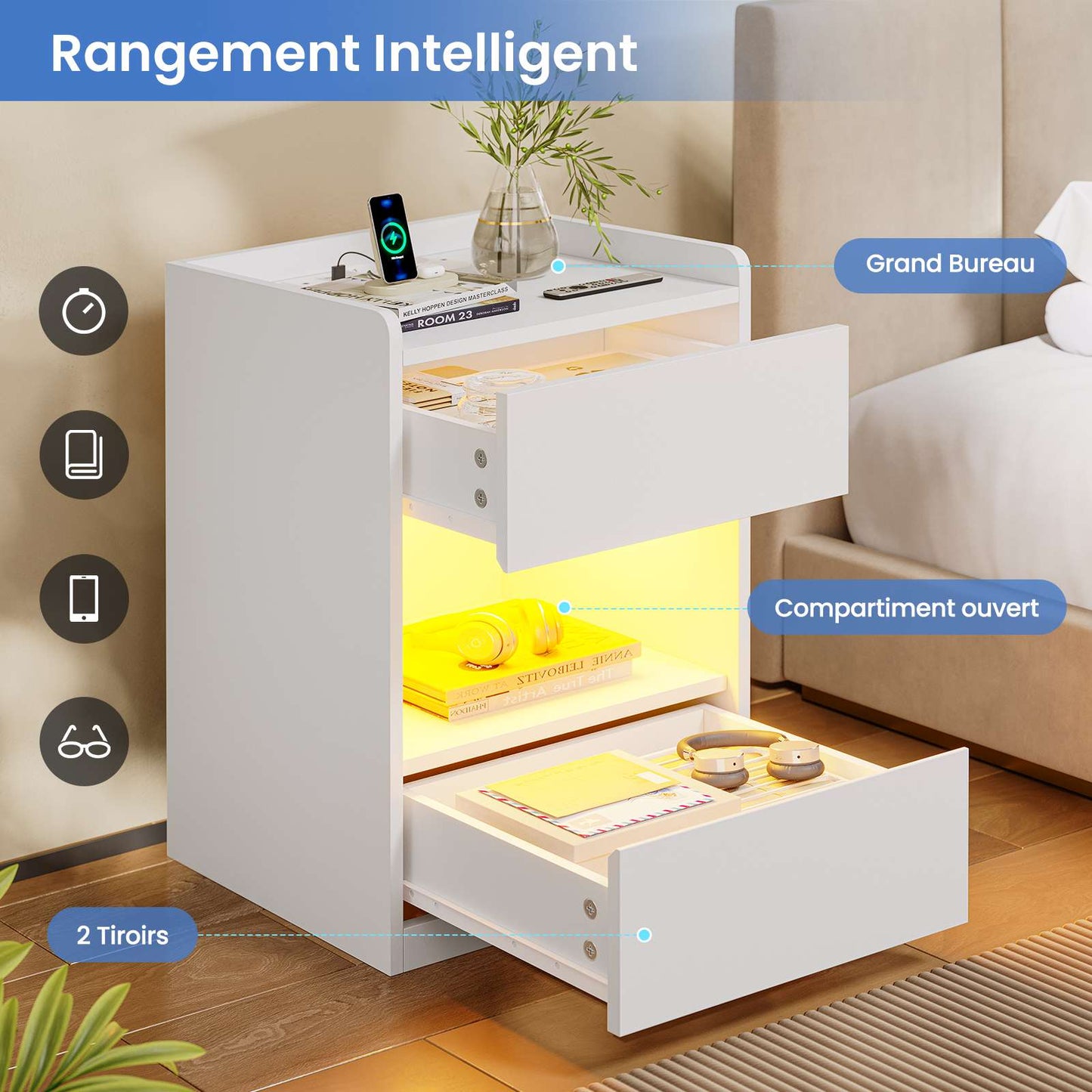Table de chevet AOGLLATI à LED avec multiprise et station de recharge équipée de 2 tiroirs et d'un compartiment de rangement  40 x 35 x 60 cm