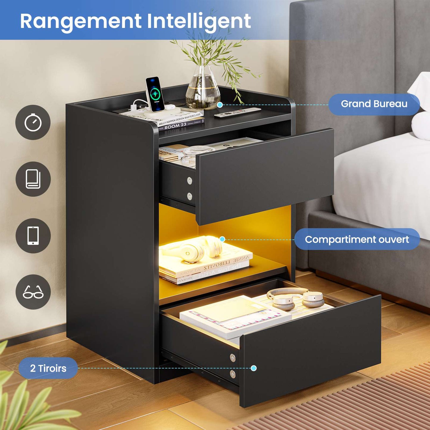 Table de chevet AOGLLATI à LED avec multiprise et station de recharge équipée de 2 tiroirs et d'un compartiment de rangement  40 x 35 x 60 cm