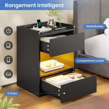 Table de chevet AOGLLATI à LED avec multiprise et station de recharge équipée de 2 tiroirs et d'un compartiment de rangement  40 x 35 x 60 cm