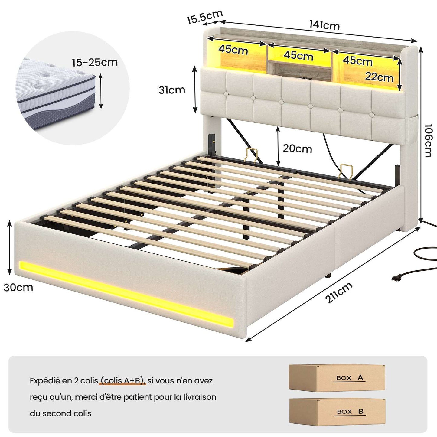 Lit simple avec rangement AOGLLATI 140 x 190 avec multiprise et éclairage LED réglable doté de 5 compartiments de rangement et d'un espace de rangement sous le lit en lin gris foncé