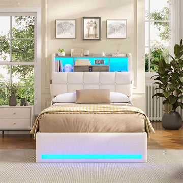 Lit simple avec rangement AOGLLATI 90 x 200 avec multiprise et éclairage LED réglable doté de 5 compartiments de rangement et d'un espace de rangement sous le lit en lin gris foncé
