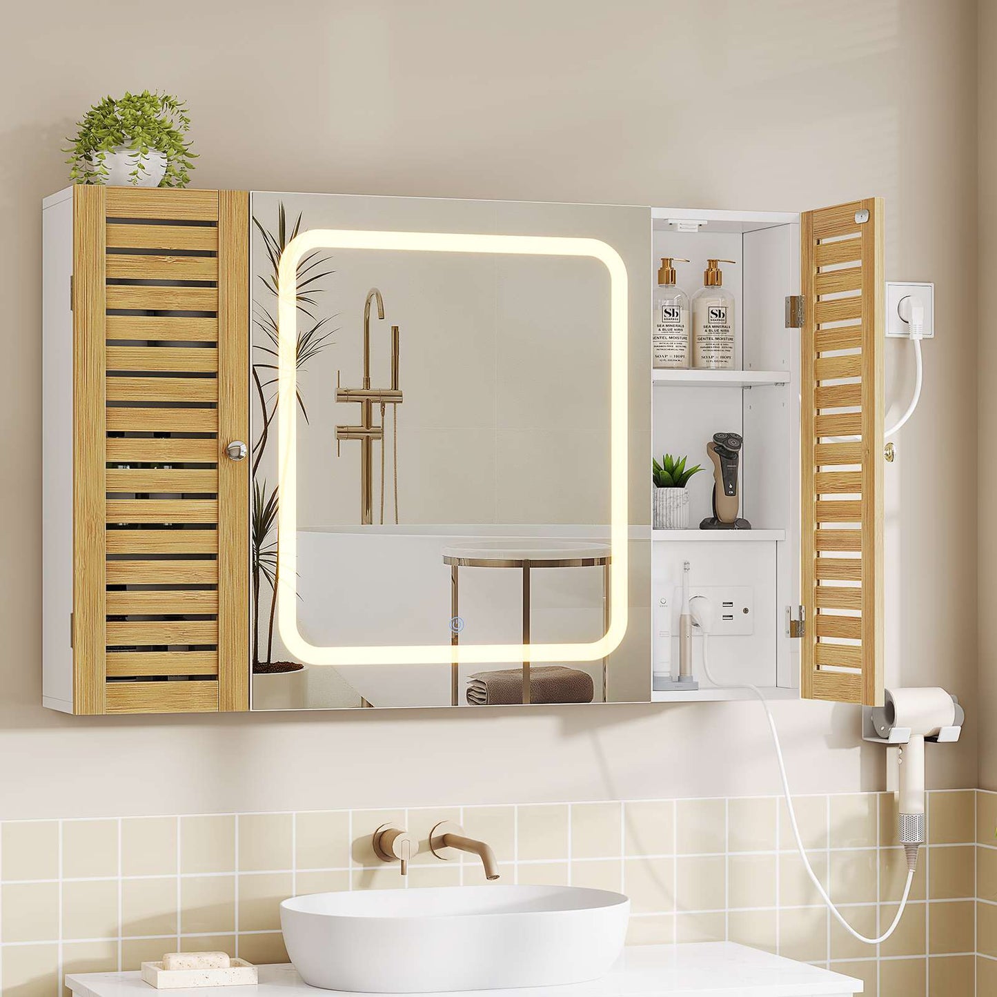 AOGLLATI Meuble de salle de bains avec éclairage LED et prise électrique comprenant une coiffeuse avec miroir et étagères réglables, 6 compartiments de rangement 90x16x60cm