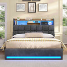 Lit simple avec rangement AOGLLATI 140 x 190 avec multiprise et éclairage LED réglable doté de 5 compartiments de rangement et d'un espace de rangement sous le lit en lin gris foncé