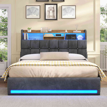 Lit simple avec rangement AOGLLATI 140 x 190 avec multiprise et éclairage LED réglable doté de 5 compartiments de rangement et d'un espace de rangement sous le lit en lin gris foncé