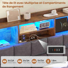 Lit simple avec rangement AOGLLATI 90 x 200 avec multiprise et éclairage LED réglable doté de 5 compartiments de rangement et d'un espace de rangement sous le lit en lin gris foncé