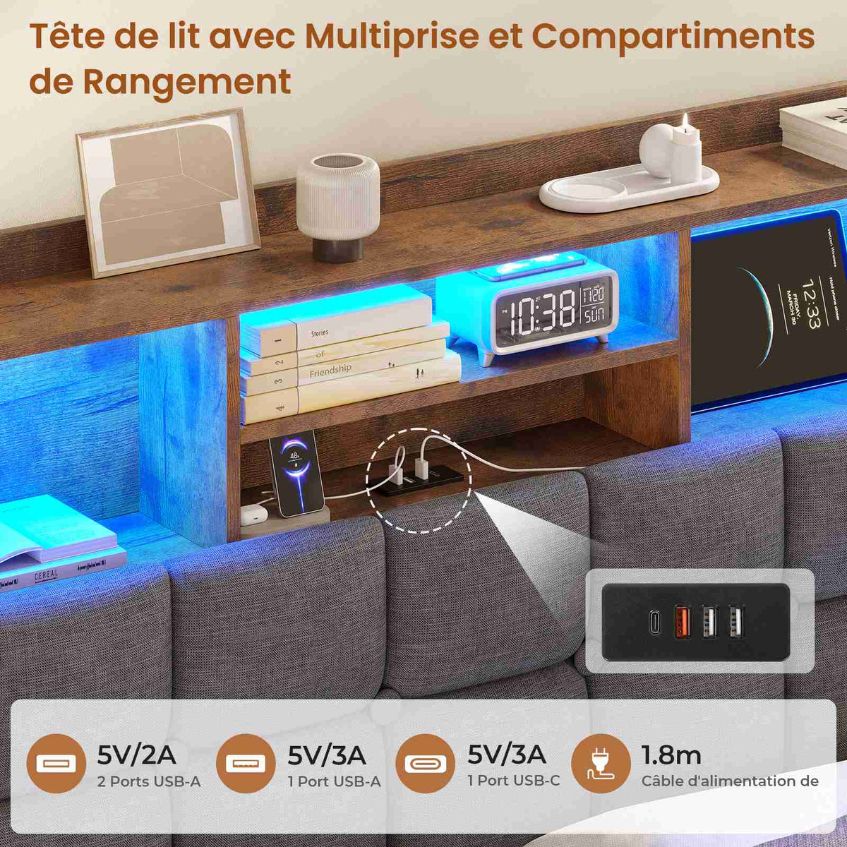 Lit simple avec rangement AOGLLATI 90 x 200 avec multiprise et éclairage LED réglable doté de 5 compartiments de rangement et d'un espace de rangement sous le lit en lin gris foncé