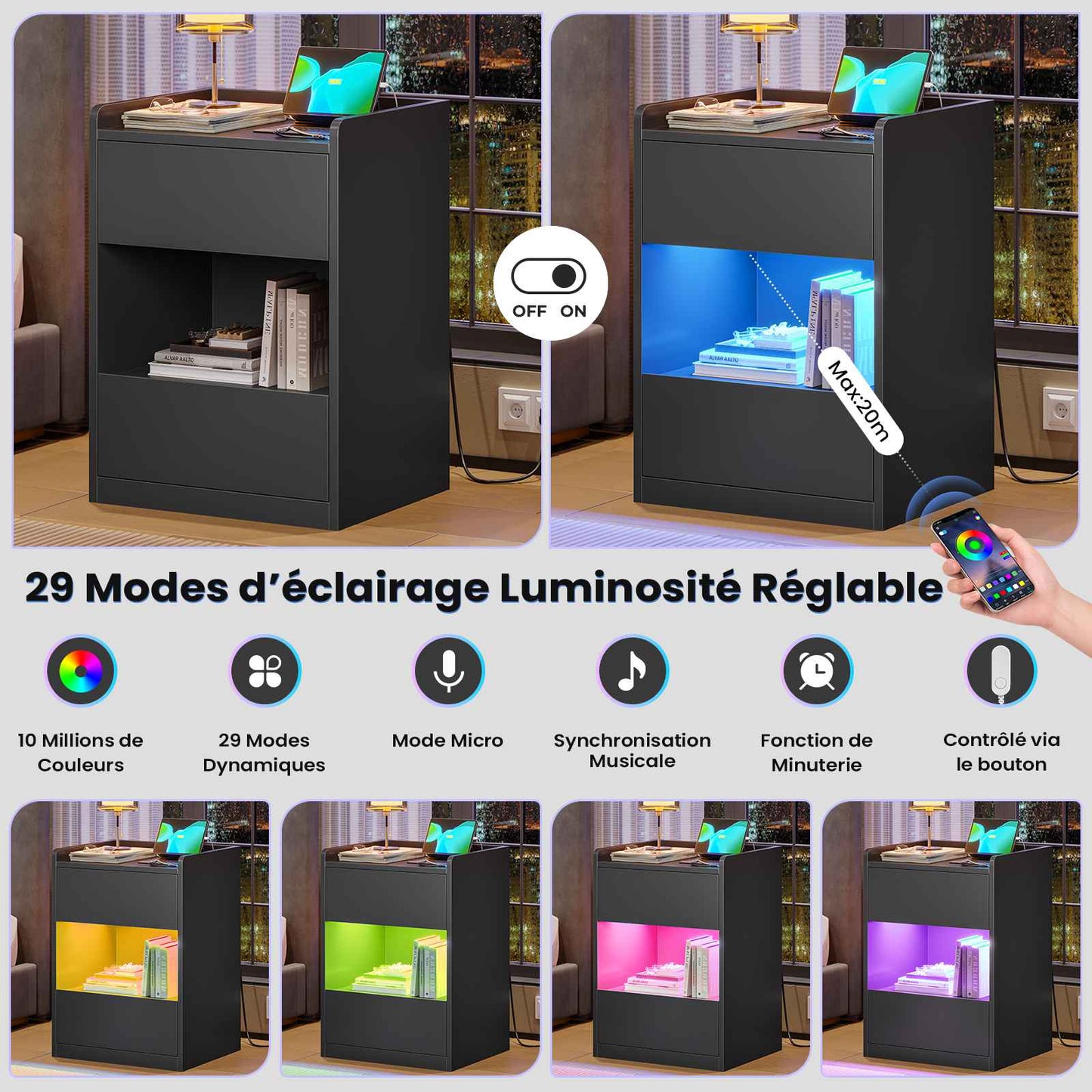 Table de chevet AOGLLATI à LED avec multiprise et station de recharge équipée de 2 tiroirs et d'un compartiment de rangement  40 x 35 x 60 cm