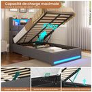Lit simple avec rangement AOGLLATI 90 x 200 avec multiprise et éclairage LED réglable doté de 5 compartiments de rangement et d'un espace de rangement sous le lit en lin gris foncé