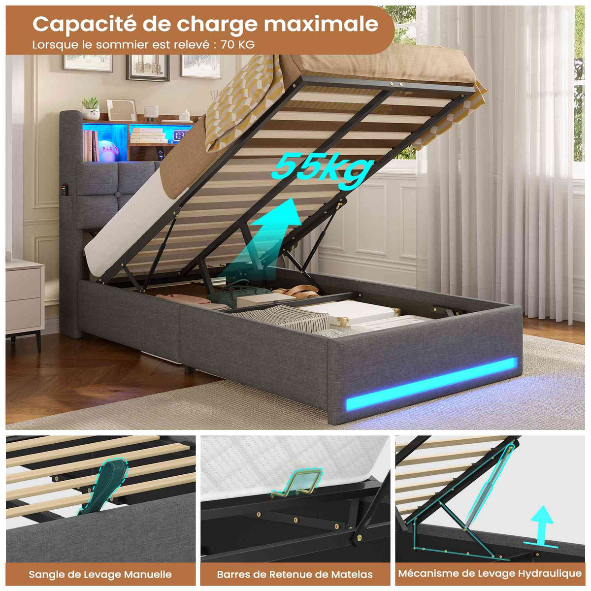 Lit simple avec rangement AOGLLATI 90 x 200 avec multiprise et éclairage LED réglable doté de 5 compartiments de rangement et d'un espace de rangement sous le lit en lin gris foncé