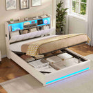 Lit simple avec rangement AOGLLATI 140 x 190 avec multiprise et éclairage LED réglable doté de 5 compartiments de rangement et d'un espace de rangement sous le lit en lin gris foncé