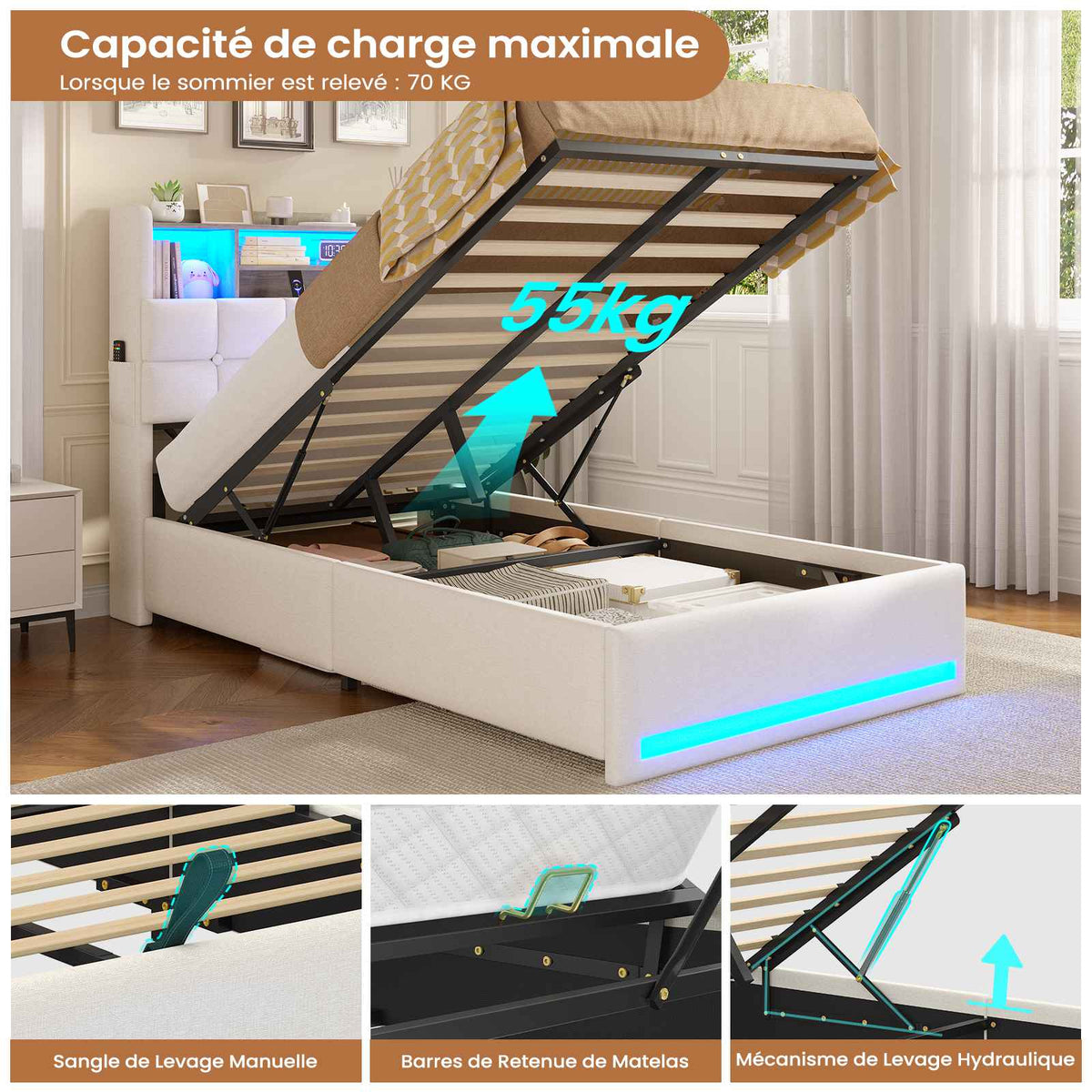 Lit simple avec rangement AOGLLATI 90 x 200 avec multiprise et éclairage LED réglable doté de 5 compartiments de rangement et d'un espace de rangement sous le lit en lin gris foncé