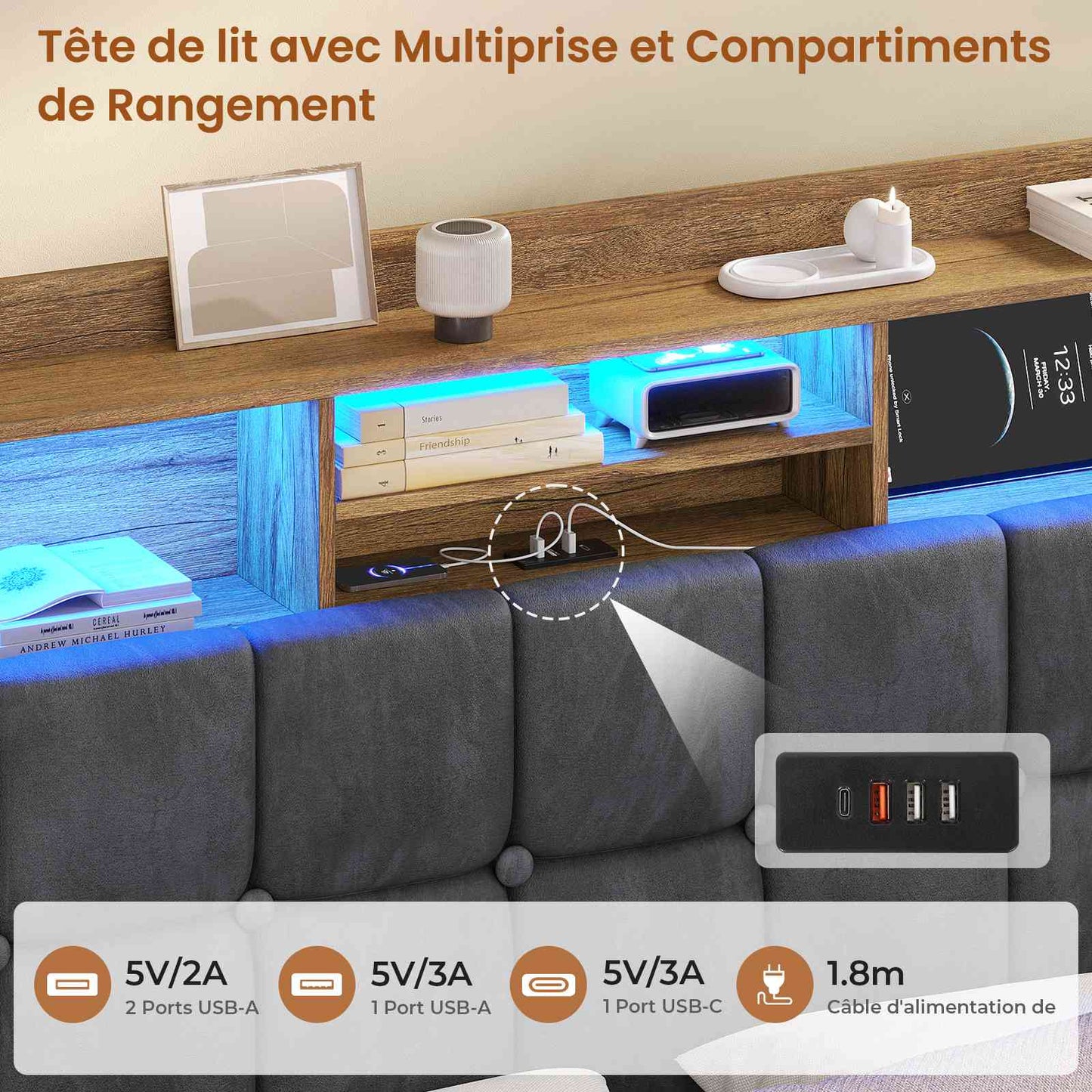 Lit simple avec rangement AOGLLATI 140 x 190 avec multiprise et éclairage LED réglable doté de 5 compartiments de rangement et d'un espace de rangement sous le lit en lin gris foncé