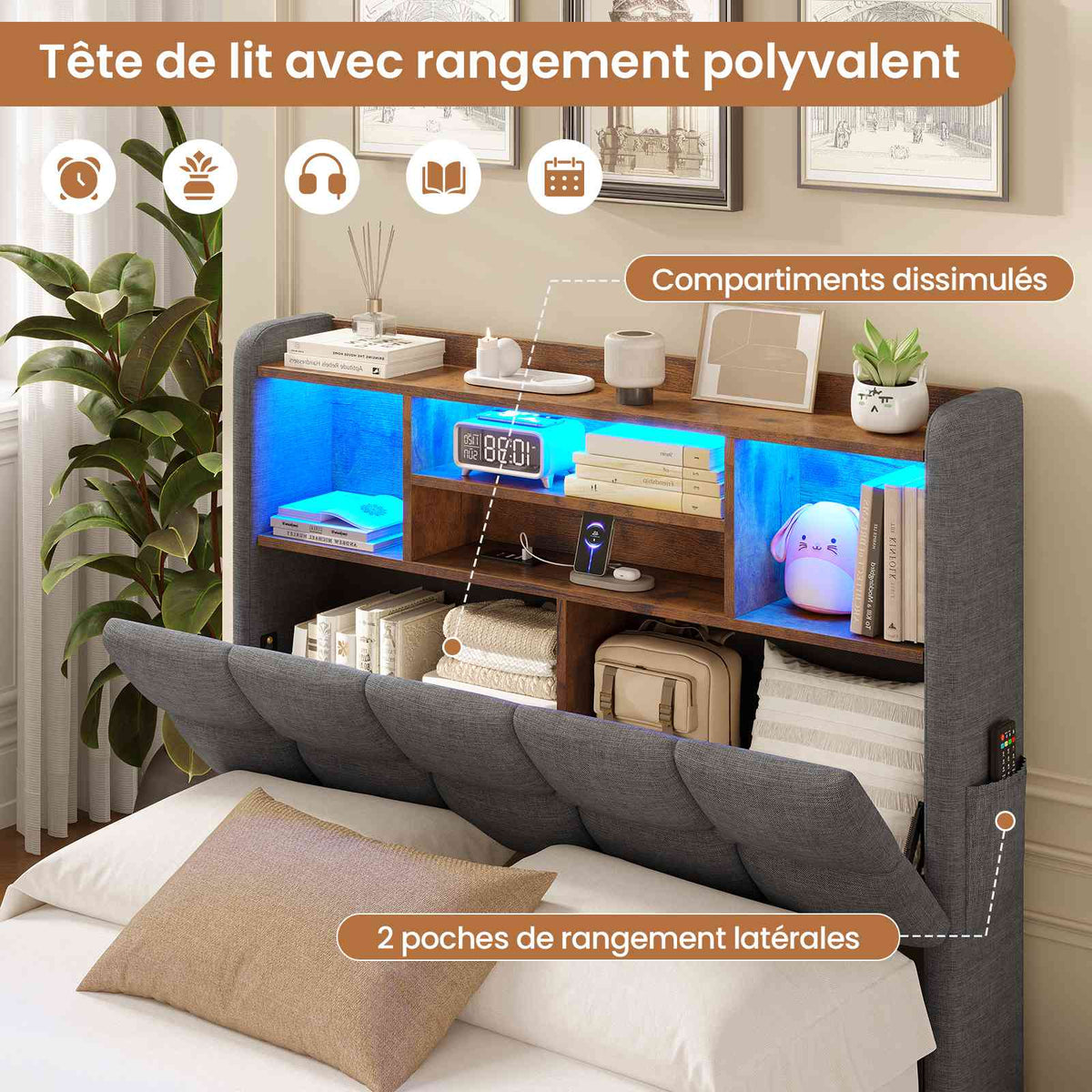 Lit simple avec rangement AOGLLATI 90 x 200 avec multiprise et éclairage LED réglable doté de 5 compartiments de rangement et d'un espace de rangement sous le lit en lin gris foncé