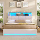 Lit simple avec rangement AOGLLATI 140 x 190 avec multiprise et éclairage LED réglable doté de 5 compartiments de rangement et d'un espace de rangement sous le lit en lin gris foncé