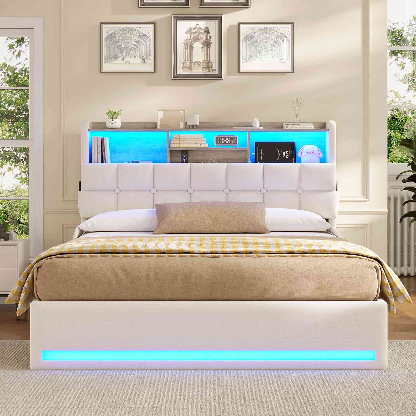 Lit simple avec rangement AOGLLATI 140 x 190 avec multiprise et éclairage LED réglable doté de 5 compartiments de rangement et d'un espace de rangement sous le lit en lin gris foncé