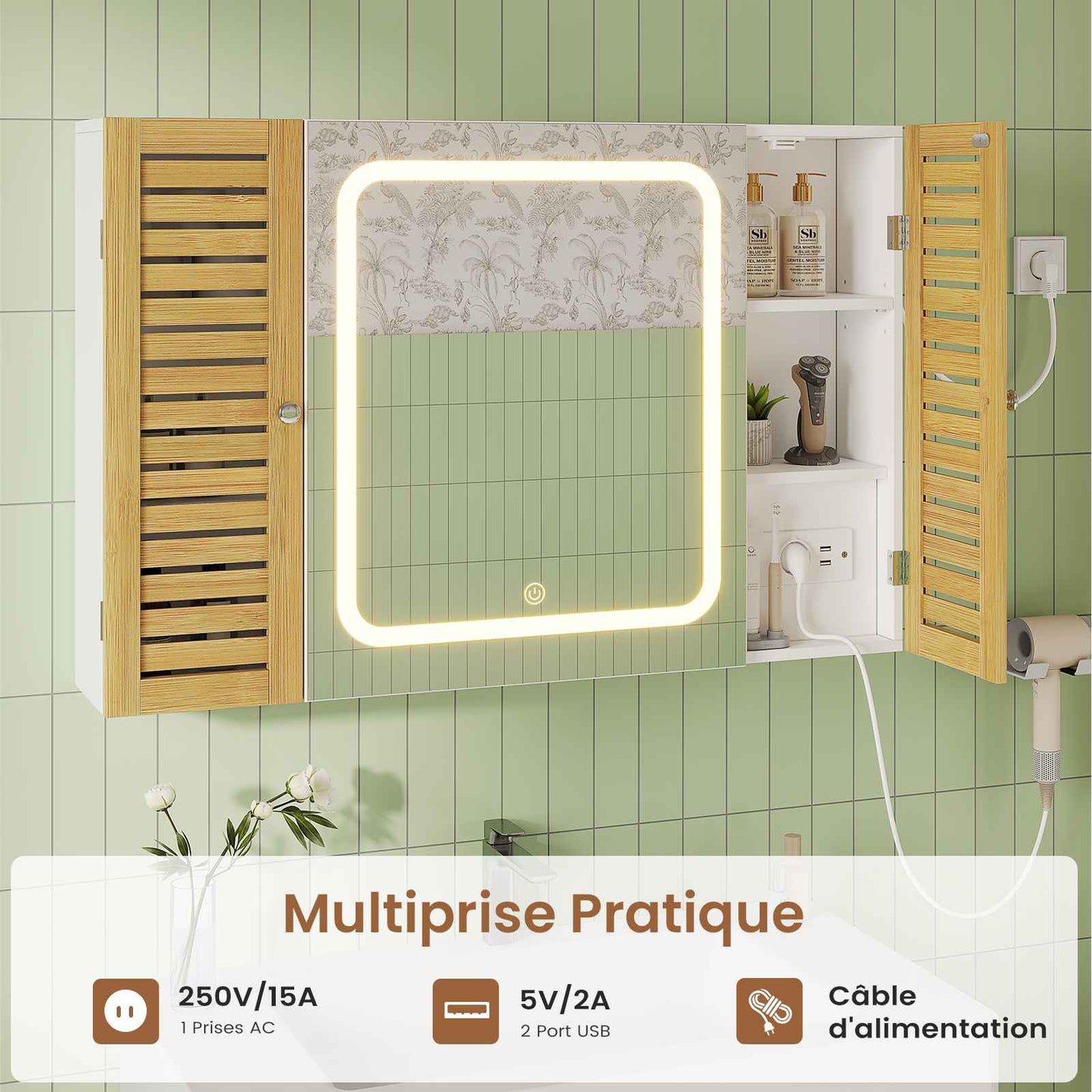 AOGLLATI Meuble de salle de bains avec éclairage LED et prise électrique comprenant une coiffeuse avec miroir et étagères réglables, 6 compartiments de rangement 90x16x60cm