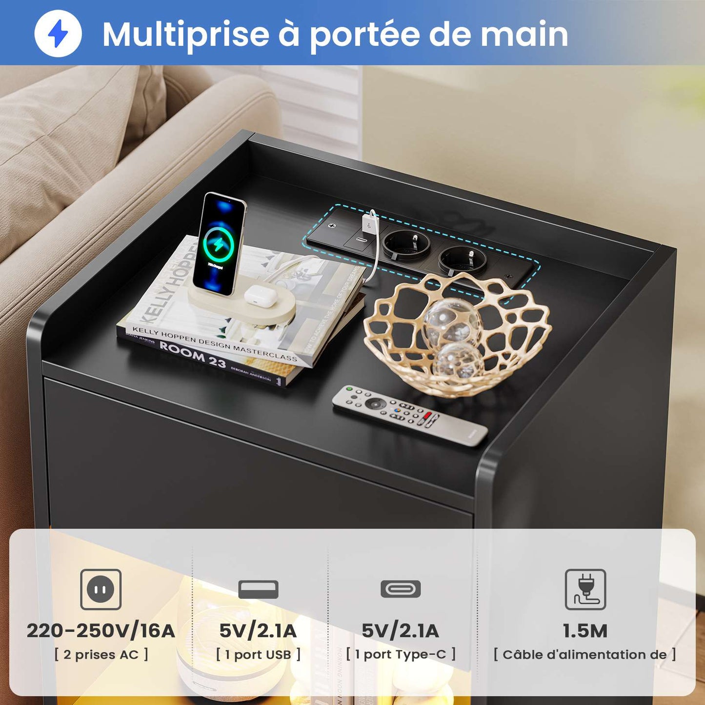 Table de chevet AOGLLATI à LED avec multiprise et station de recharge équipée de 2 tiroirs et d'un compartiment de rangement  40 x 35 x 60 cm