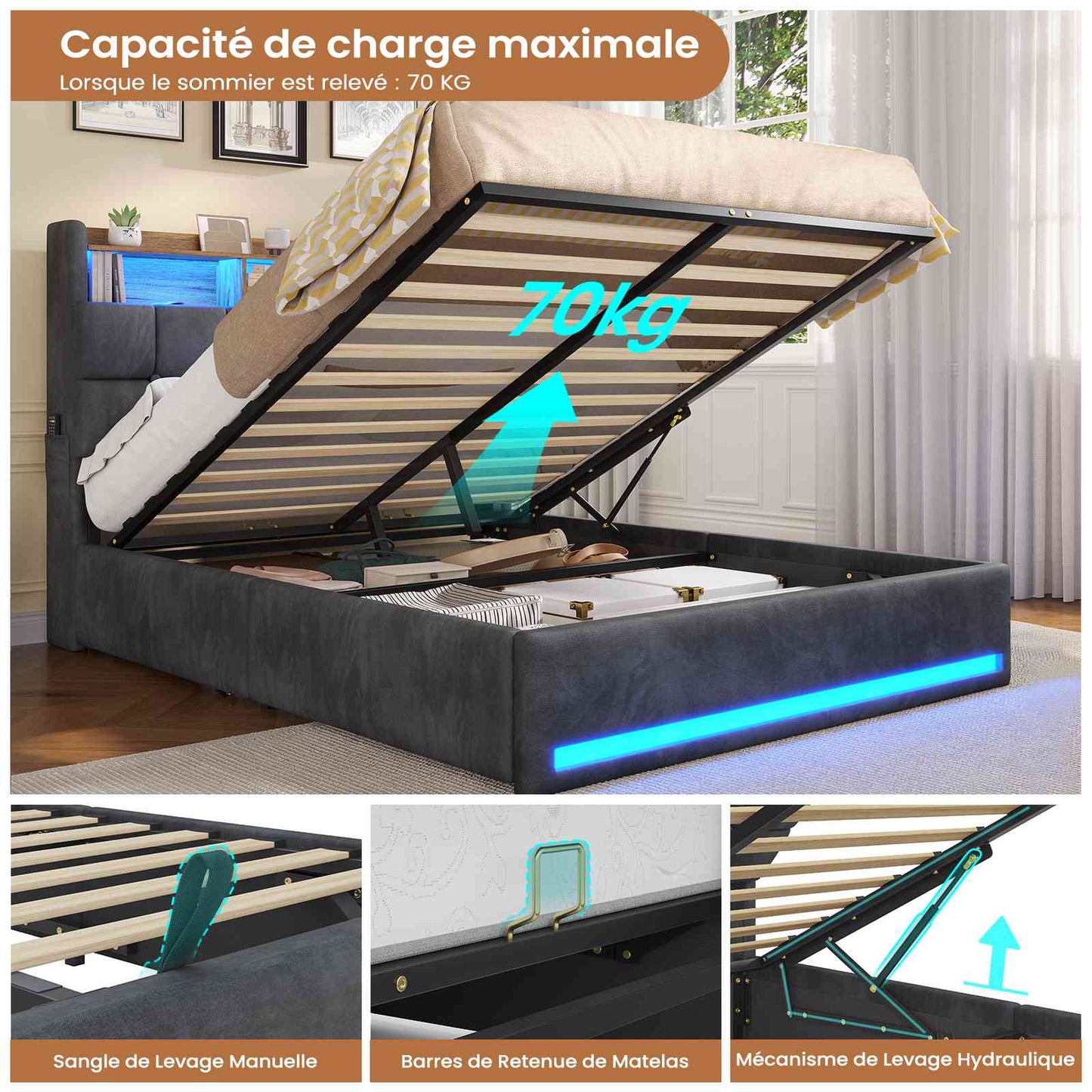 Lit simple avec rangement AOGLLATI 140 x 190 avec multiprise et éclairage LED réglable doté de 5 compartiments de rangement et d'un espace de rangement sous le lit en lin gris foncé