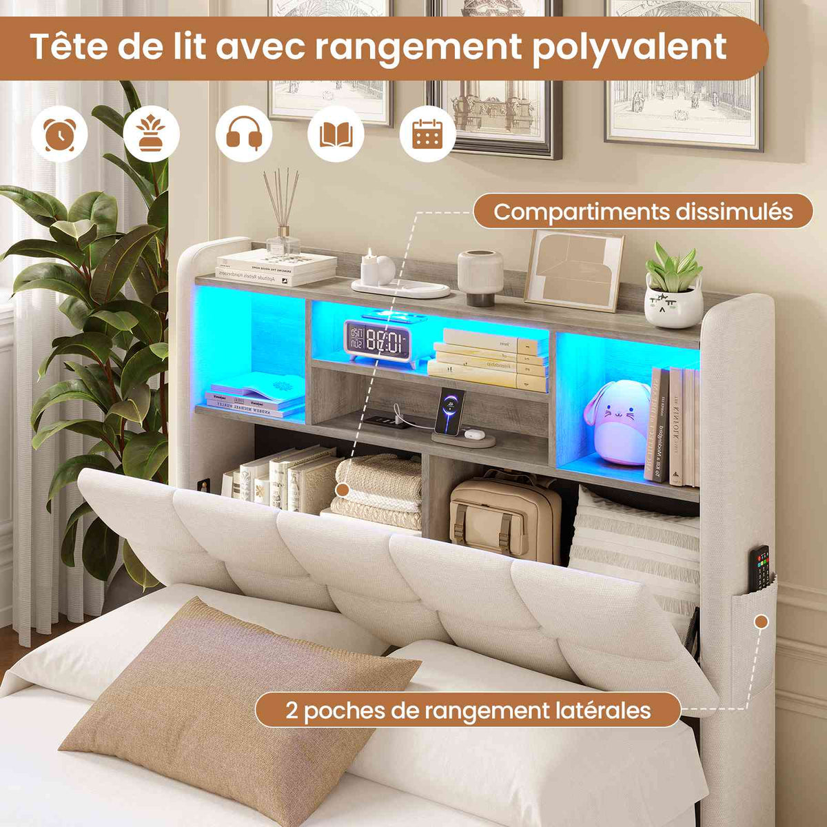Lit simple avec rangement AOGLLATI 90 x 200 avec multiprise et éclairage LED réglable doté de 5 compartiments de rangement et d'un espace de rangement sous le lit en lin gris foncé