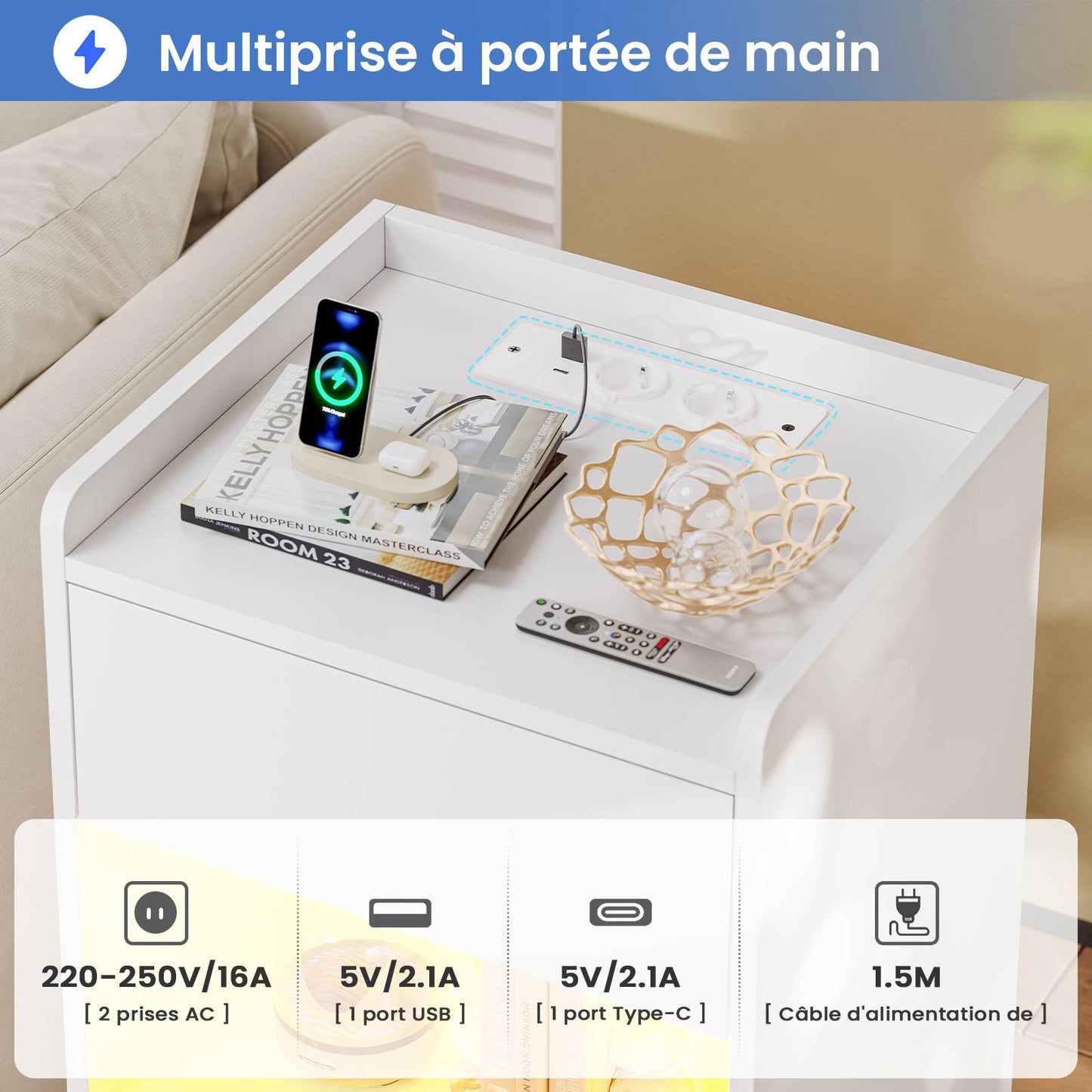 Table de chevet AOGLLATI à LED avec multiprise et station de recharge équipée de 2 tiroirs et d'un compartiment de rangement  40 x 35 x 60 cm