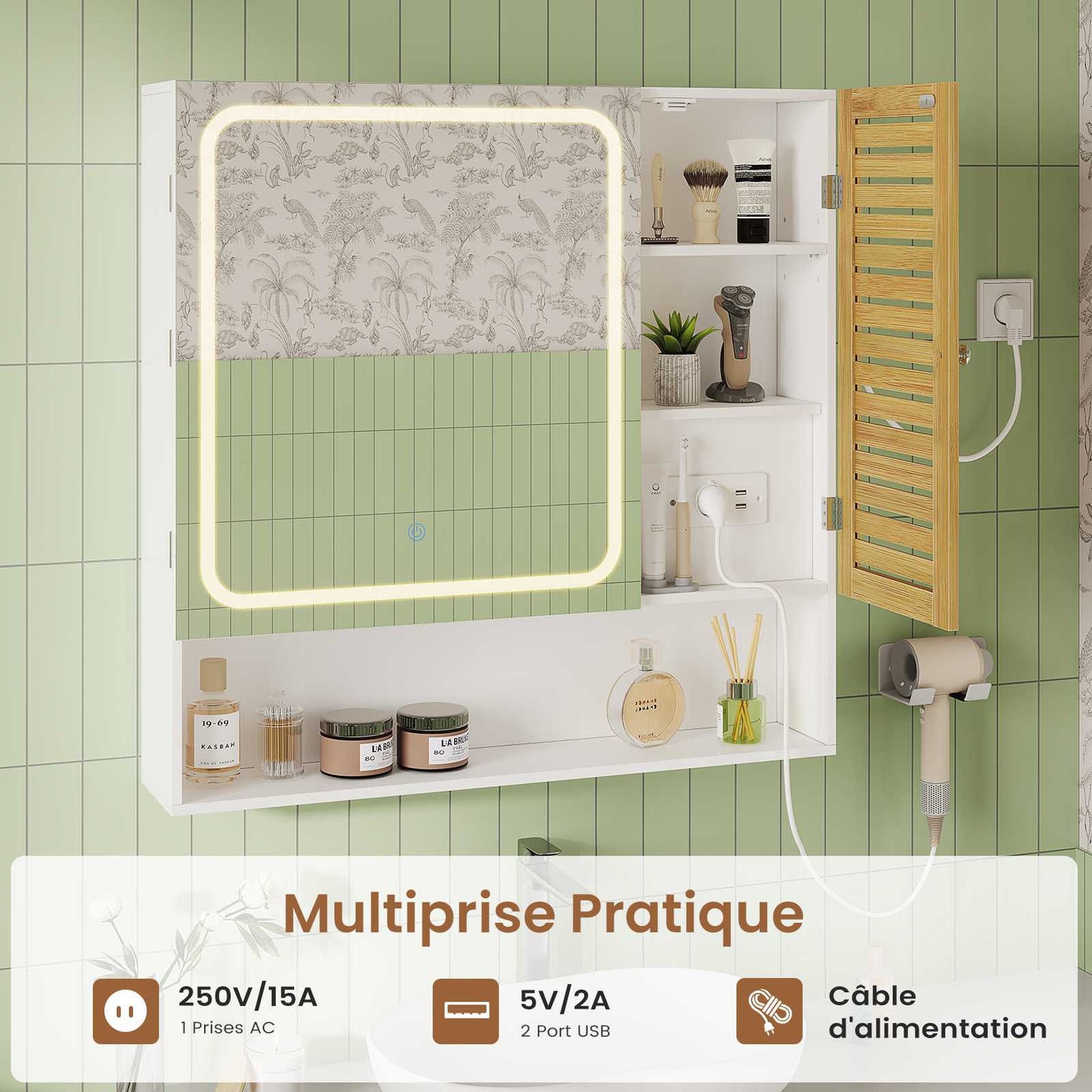 AOGLLATI Meuble de salle de bains avec éclairage LED et prise électrique comprenant une coiffeuse avec miroir et étagères réglables, 6 compartiments de rangement  80 x 16 x 77 cm