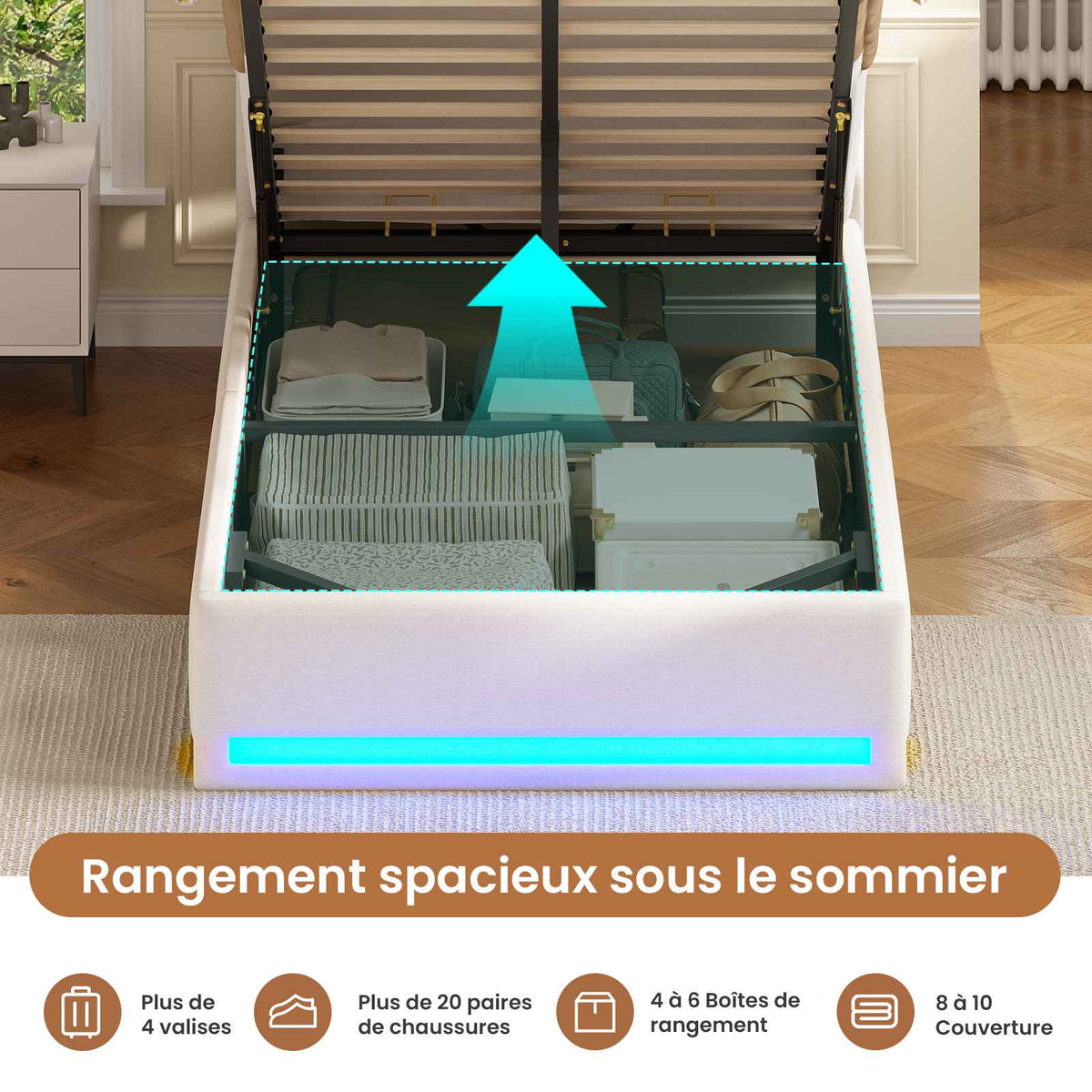 Lit simple avec rangement AOGLLATI 90 x 200 avec multiprise et éclairage LED réglable doté de 5 compartiments de rangement et d'un espace de rangement sous le lit en lin gris foncé