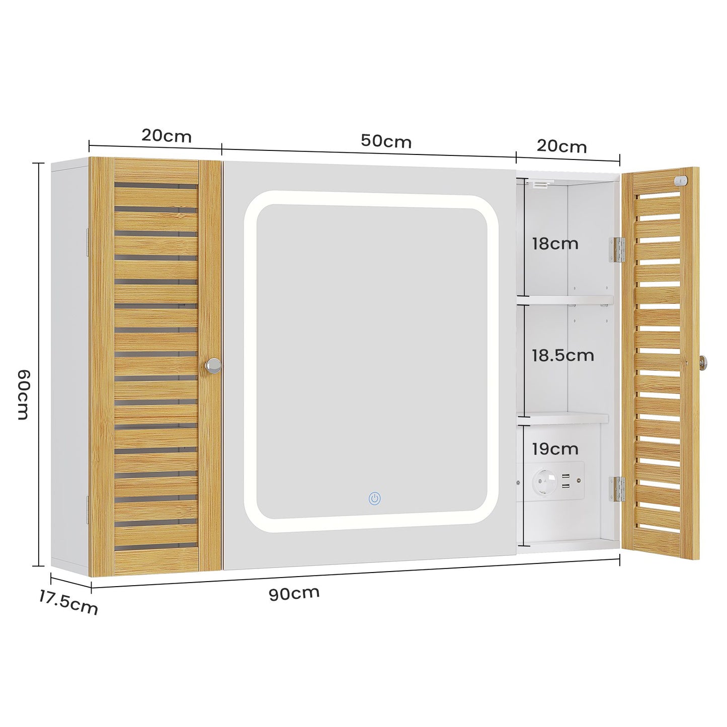 AOGLLATI Meuble de salle de bains avec éclairage LED et prise électrique comprenant une coiffeuse avec miroir et étagères réglables, 6 compartiments de rangement 90x16x60cm