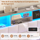 Lit simple avec rangement AOGLLATI 140 x 190 avec multiprise et éclairage LED réglable doté de 5 compartiments de rangement et d'un espace de rangement sous le lit en lin gris foncé