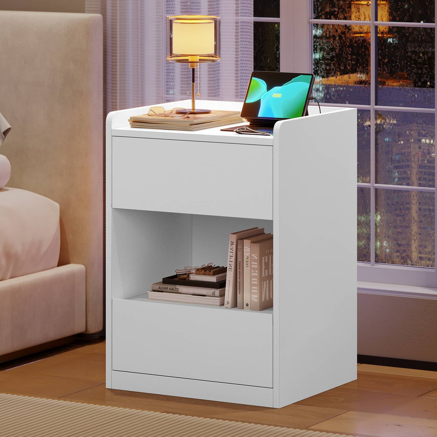 Table de chevet AOGLLATI à LED avec multiprise et station de recharge équipée de 2 tiroirs et d'un compartiment de rangement  40 x 35 x 60 cm